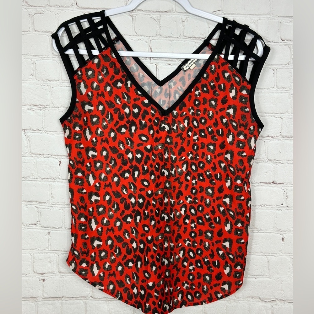 EYESHADOW lightweight red leopard print sleeveless blouse shirt top, sz S, GUC